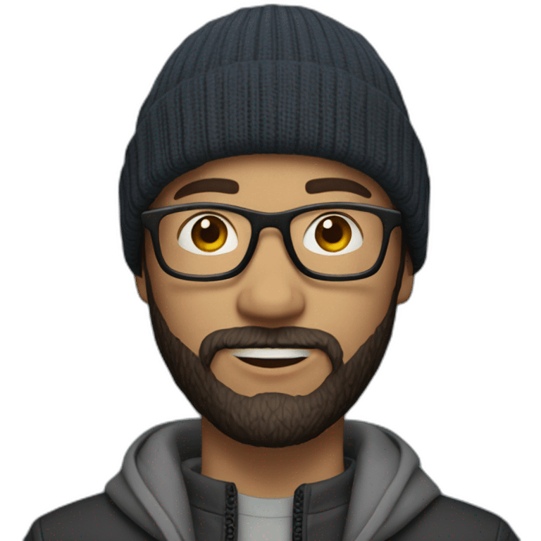 young dark-haired white man with a beanie, glasses and beard emoji