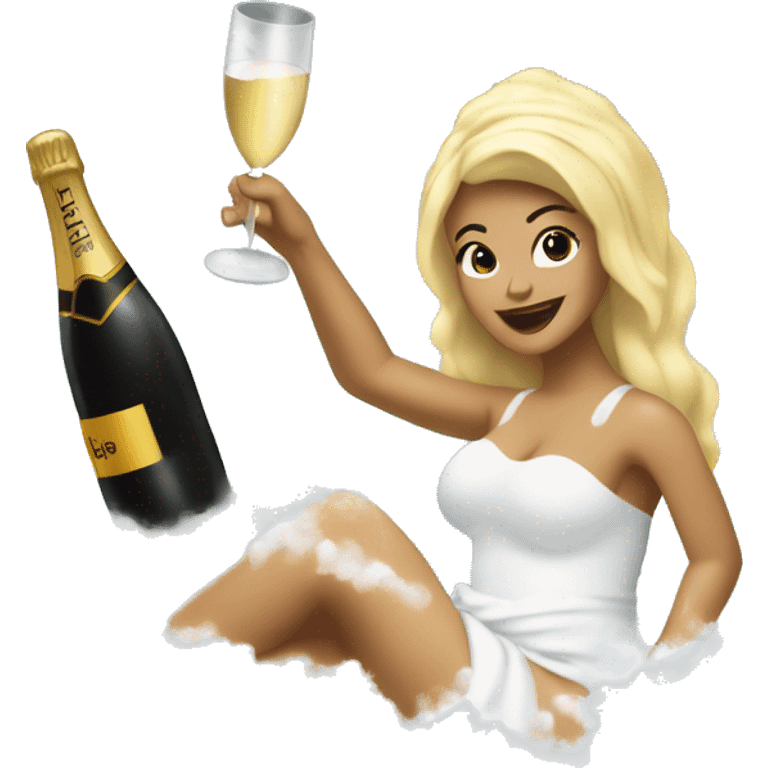 Girl with white towel wrapped around hair holdingl a champagne glass and bottle in black high heels kicking feet out in bubble bath  emoji