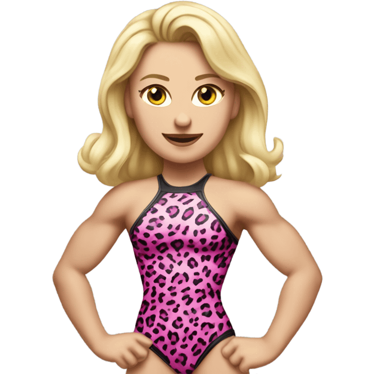 Tall blonde Caucasian muscular woman wrestler wearing a pink leopard print leotard blowing a kiss emoji