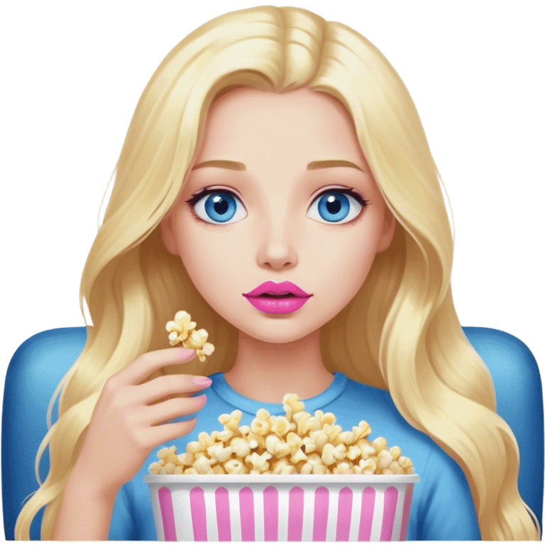 Cinematic realistic blonde with long hair, blue eyes and painted pink lips, watching TV and eating popcorn emoji