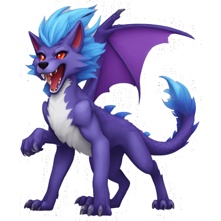 my fursona male stormkiller dragon wolf shankbat/foxtiger hybrid  with purple hair and red eyes and blue scales and hand wave  emoji