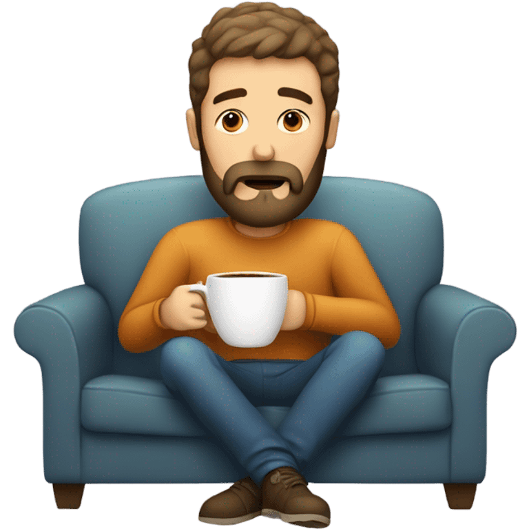 Tired man with beard relaxing on the sofa with a coffee emoji