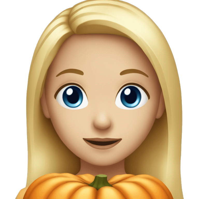 Blonde girl with blue eyes holding a pumpkin emoji