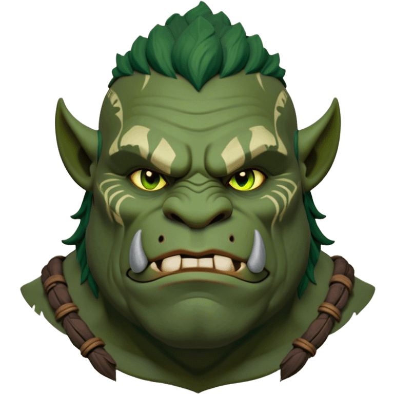 Cinematic Noble Ogre Portrait Emoji, Majestic and imposing, with a rugged, muscular form in deep earthy greens and browns, adorned with battle scars and subtle tribal markings, exuding calm, noble strength and unexpected wisdom, simplified yet strikingly detailed, glowing with a shadowy outline that captures the essence of a gentle giant with fierce heart! emoji