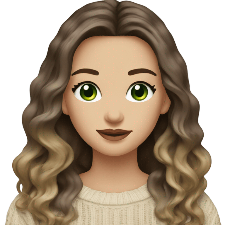 Brunette balayage long hair white women beige sweater with green eyes  emoji