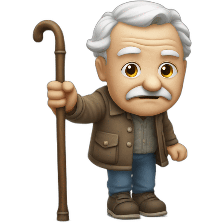 Old man leaning on a walking cane and holding his crancky back with his hand, grumpy face, detailed emoji