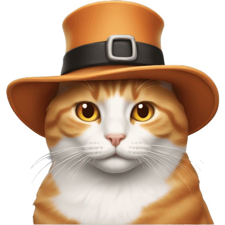 An orange and white cat wearing a pilgrim hat emoji