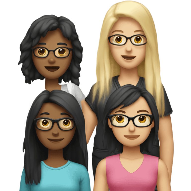 Four friends. One is Indonesian with a black mullet, one is a woman with a red shag hair cut, one is a girl with blonde hair and pink glasses and one is a masculine woman with short blond hair  emoji