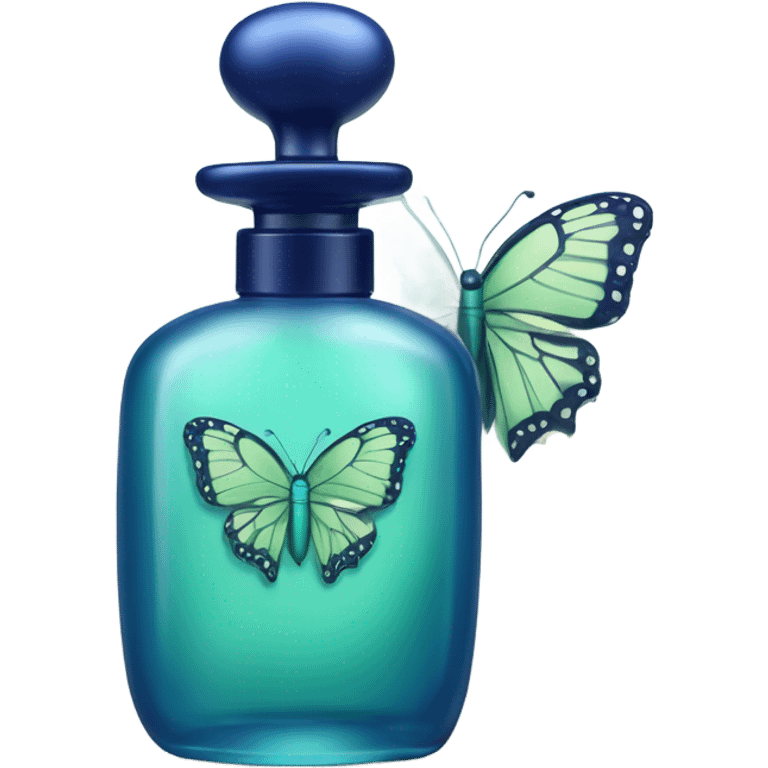  pastel green butterfly resting on an elegant blue perfume bottle with fork dark blue details. emoji