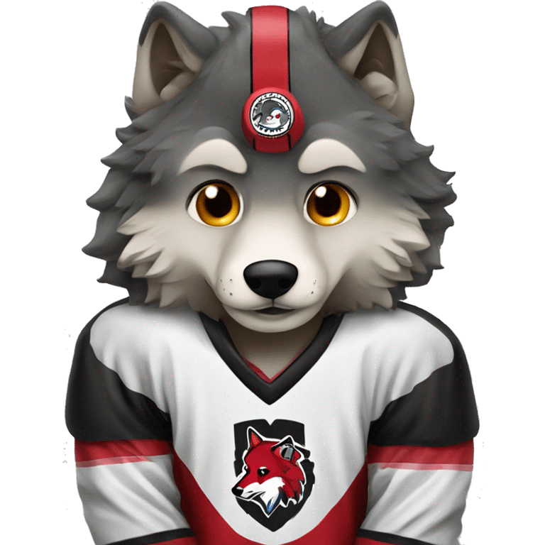 A wolf in a red black and white hockey uniform with a wolf emblem emoji