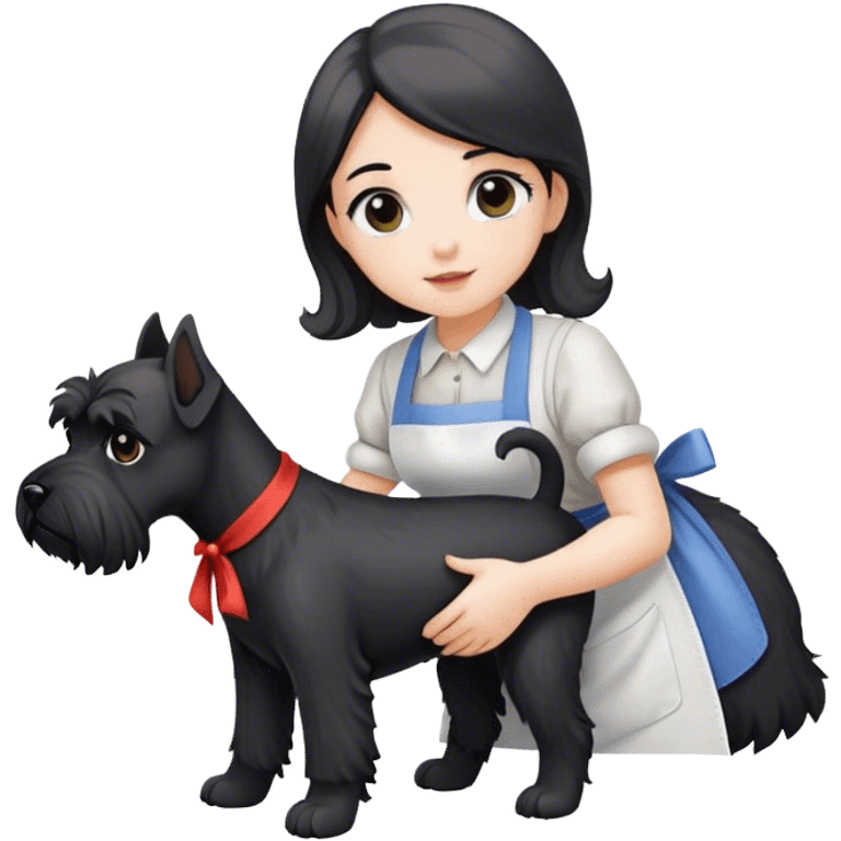 pale girl with long back hair wearing apron holding black schnauzer emoji