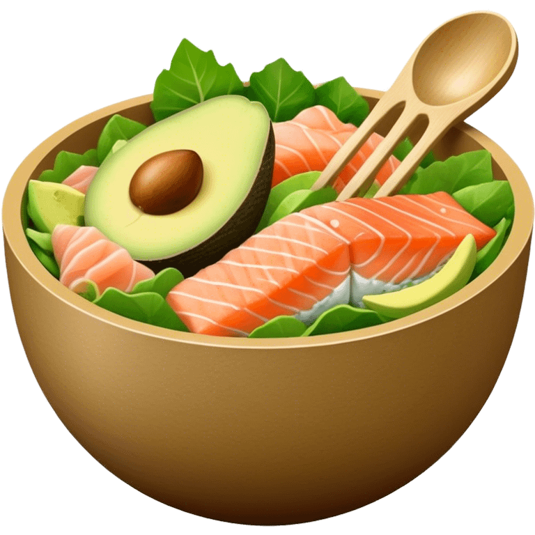 a brown carton bowl full of green salad, salmon sashimi and an avocado scoop on top emoji