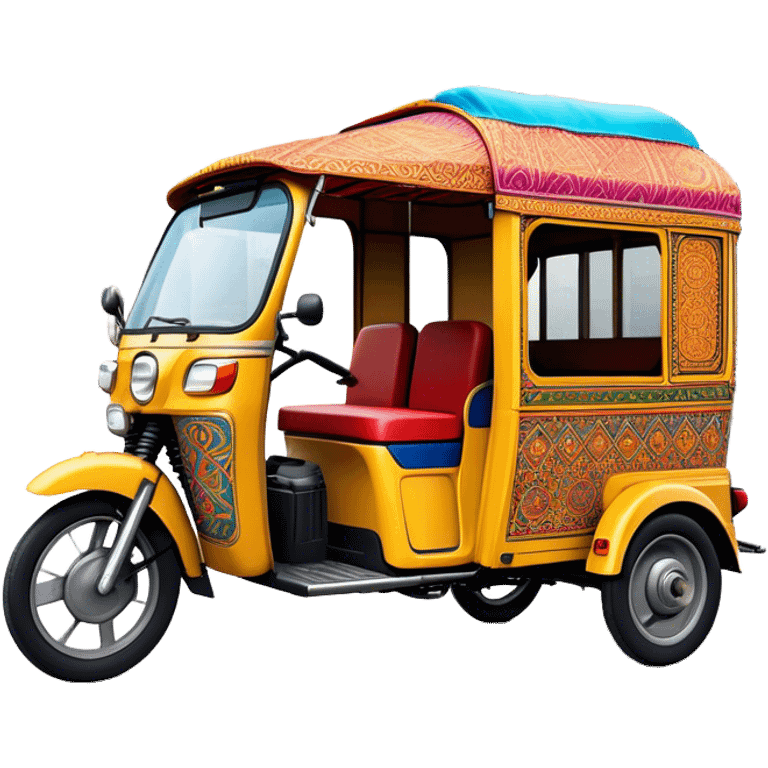 Cinematic Realistic Indian Auto Rickshaw Emoji, depicted as a colorful, bustling auto rickshaw with intricate designs and vibrant hues, rendered with lively textures and dynamic urban lighting that captures its quintessential presence in Indian cities. emoji