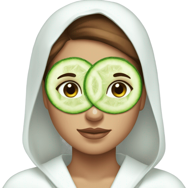 Girl with freackles Brown hair white skin and blue eyes wears Green skin care mask while She relaxes and two round piece cucumber on her closed eyes In a white Robe emoji