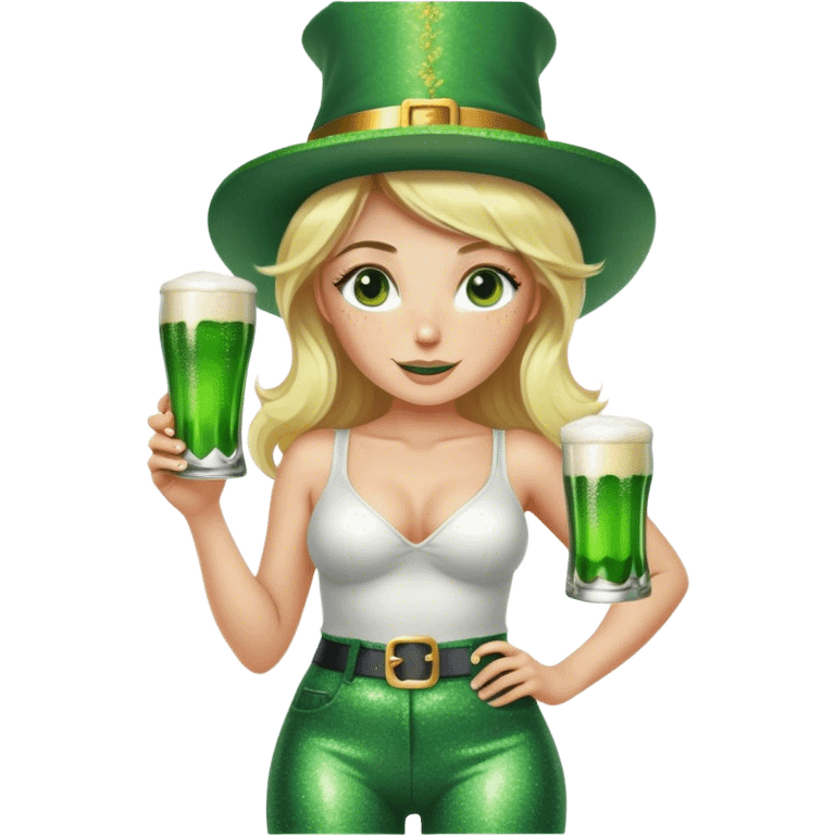 Blonde haired pretty woman with freckles glittery green bell bottoms and tall leprechaun hat holding a green beer emoji