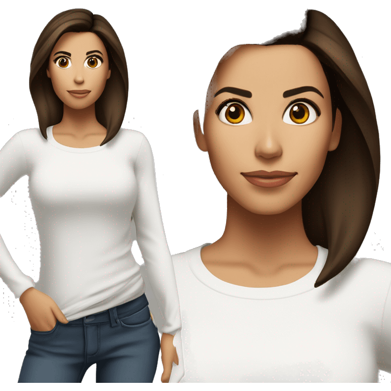 3/4 face, contrasted, shadow, light, Eva Longoria expression, standing from a distance, thin nose, brunette woman, hazel eyes, long eyelashes, dark shoulder shaded hair, white t-shirt, jeans, white sneakers emoji