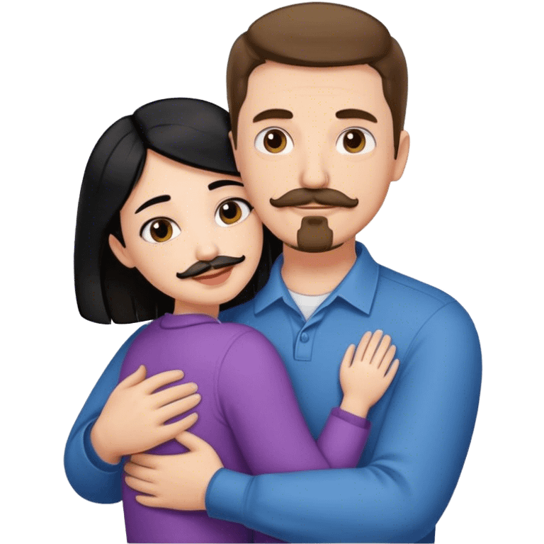 Tall white man with short brown hair mustache and goatee, hugging small pale woman long with black hair emoji