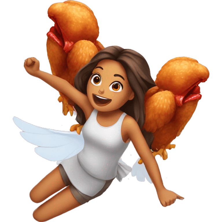 a girl flying with two bbq chicken wings on her back emoji