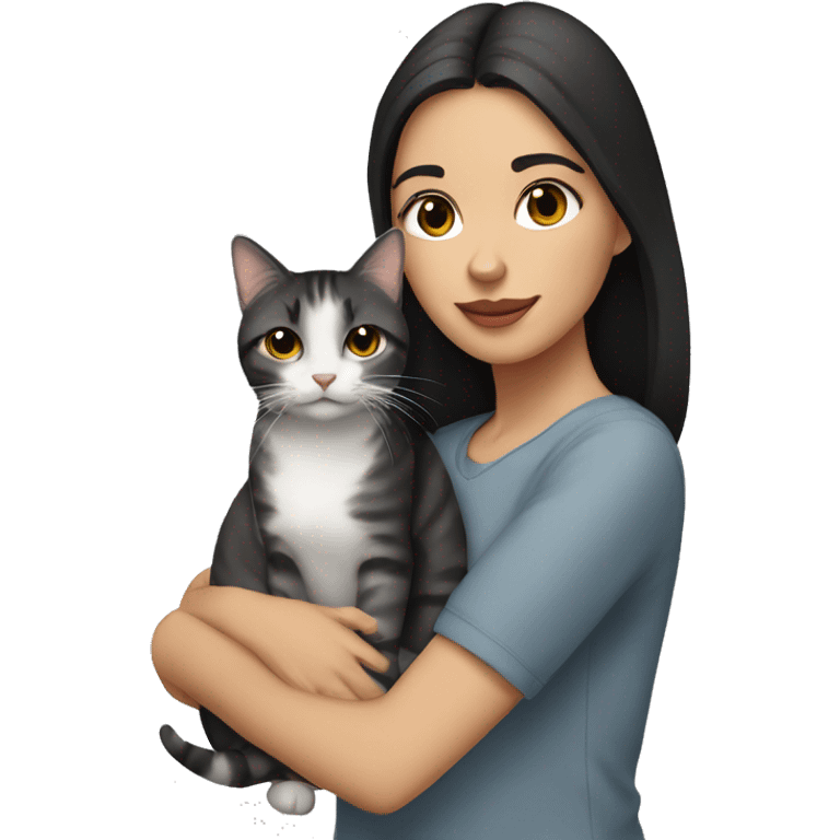 A black haired white girl with hazel eyes holding a gray tabby cat emoji