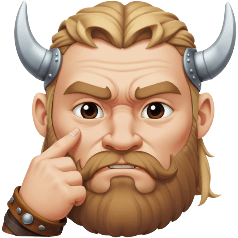  viking face with furrowed eyebrows looking upwards with thumb and index finger resting on its chin. emoji