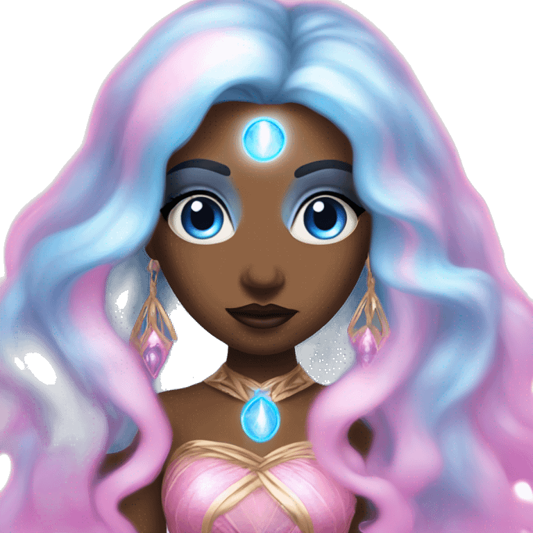 magical diva with pink andromedan skin long hair and blue eyes glowing third eye emoji