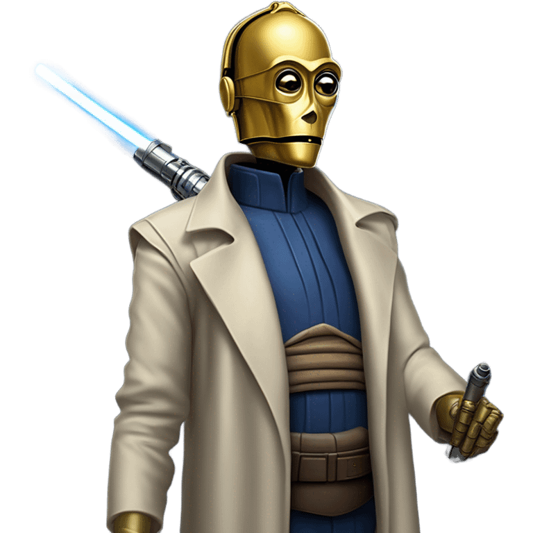 tarnished undercover tough well-equipped Jedi  life-sized darkblue-pearl C3po leather vest clothing pants and vest old west duster coat holding light saber sheriff emoji