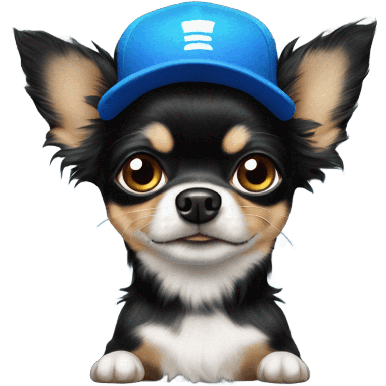 cute all black long haired Chihuahua being held by old man with blue eyes goatee in ball cap emoji