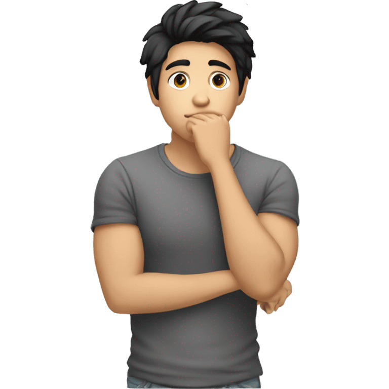 thinking with his hand on chin white young male with black hair without body just face and hand emoji