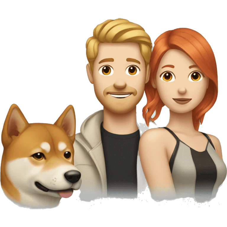 A blonde man, a redhead woman and a Shiba Inu  emoji