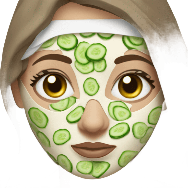 White girl with Brown hair and blue eyes wears a Green clay colored skincare textured mask and puts on cucumbers around her eyes while She relaxes in her white Robe emoji