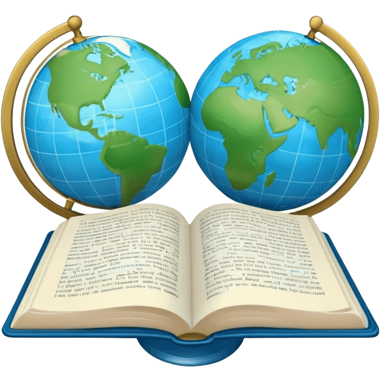 Create an emoji representing language translation. The design should feature a single globe in the background, symbolizing international communication. In front of the globe, place two opened books, with texts in it and a pen nearby to indicate the act of writing and vocabulary. Use a clean and professional color palette with blues, greens, and neutral tones. Do not include any emojis or smiley faces. Make the background transparent emoji