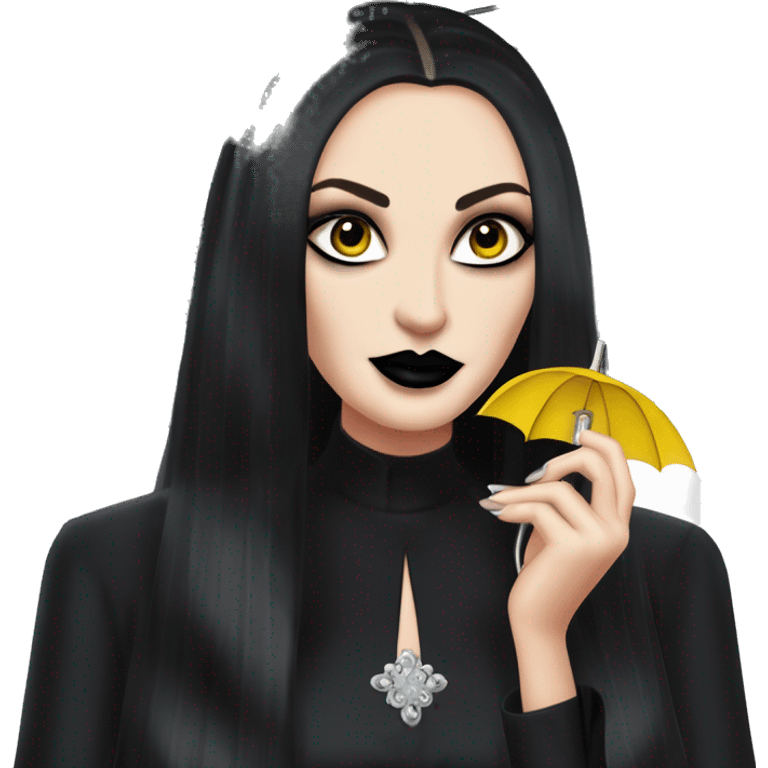 Teen Morticia Addams at a rainy funeral holding umbrella. funeral veil gloves, holding small clutch.Palm Beach Honey Barbie  emoji