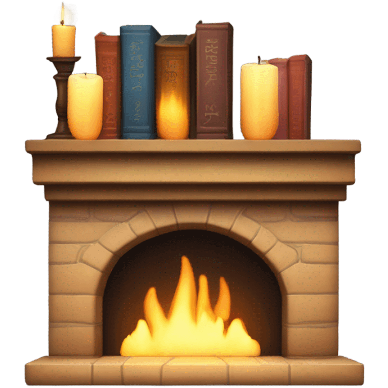 Fireplace with books and candles on the mantle emoji