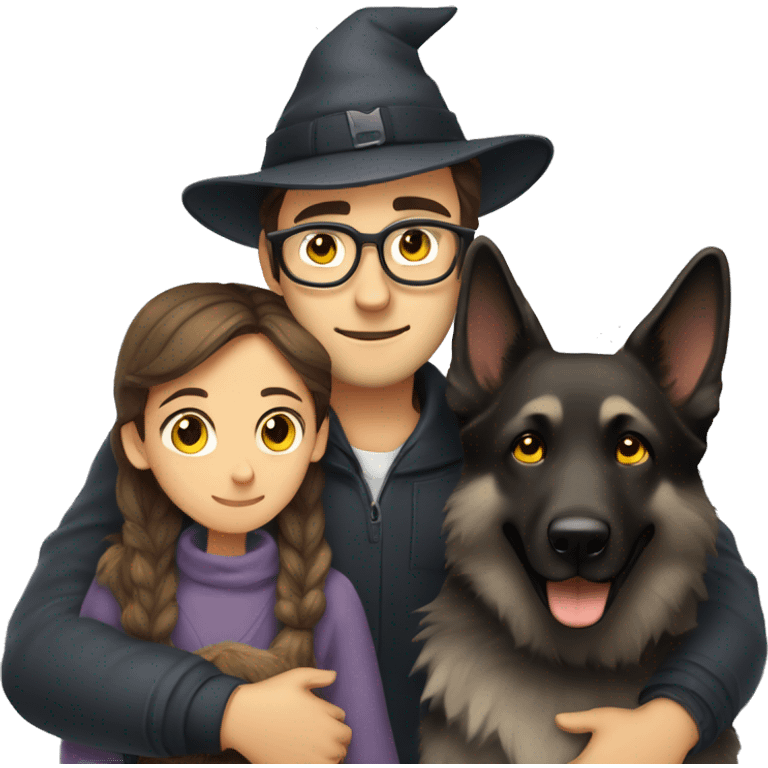 a man with brown hair and cozy hat, with grey eyes and black glasses hugging grey german shepherd dog witch has yellow eyes emoji