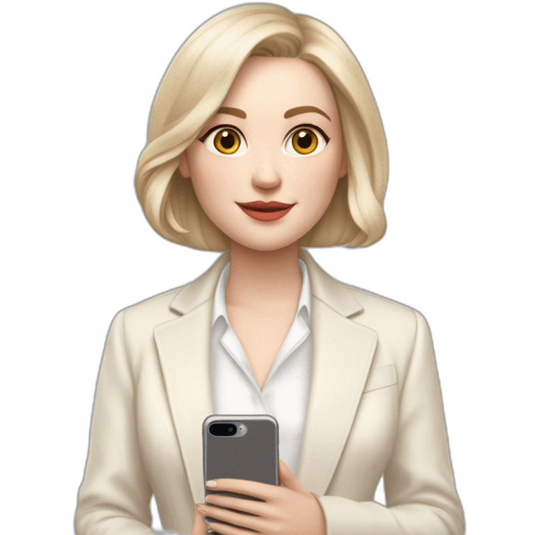 pale skin woman with ash blonde Straightened bob Hair, White Spacious classical jacket, beige palazzo Arrow pants and gray blouse holding white IPhone 15 pro in the hands emoji