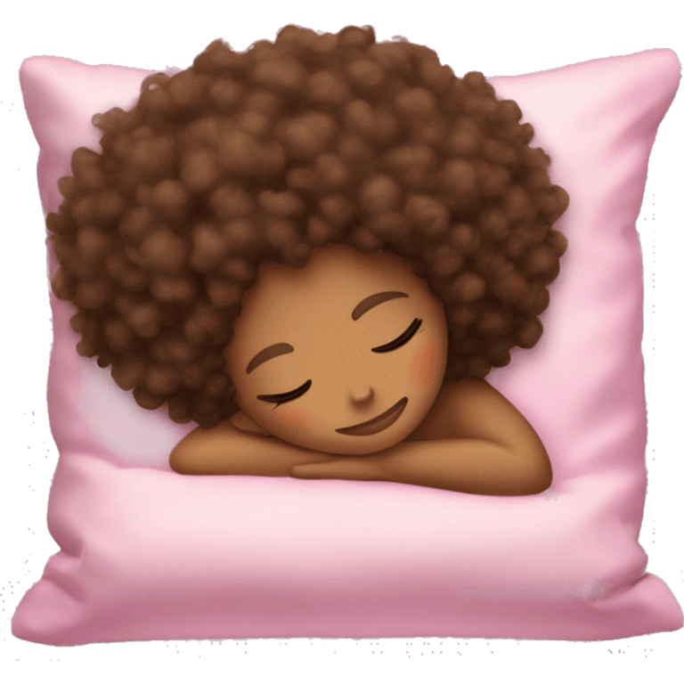 Light Brown skinned pretty girl with shoulder-length curly coily messy afro sleeping on a pink pillow emoji