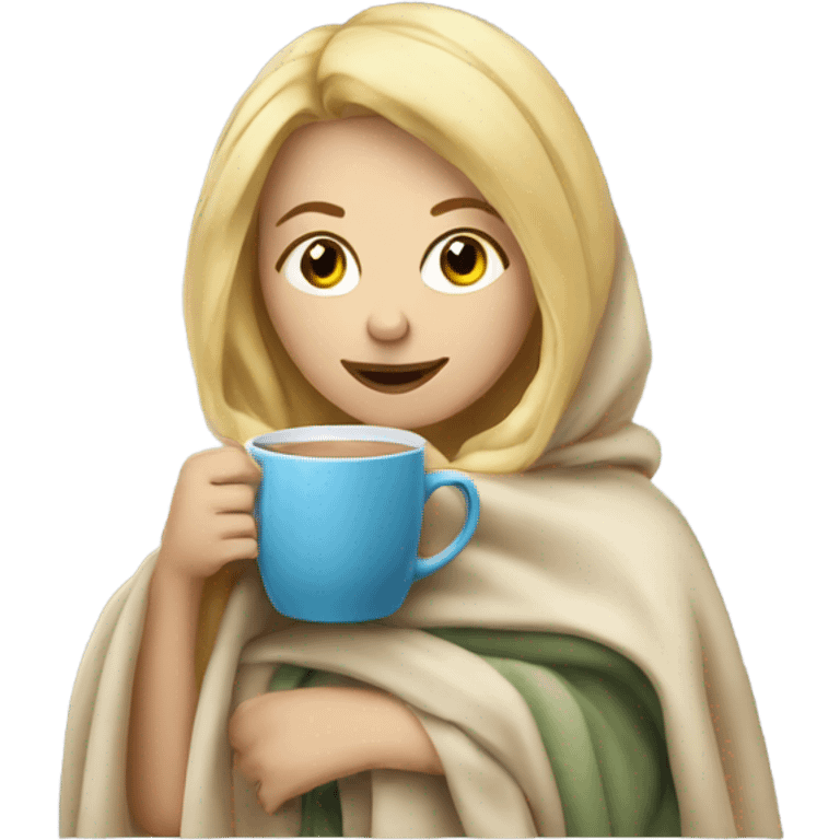 blonde hair girl in blanket drinking warm drink emoji