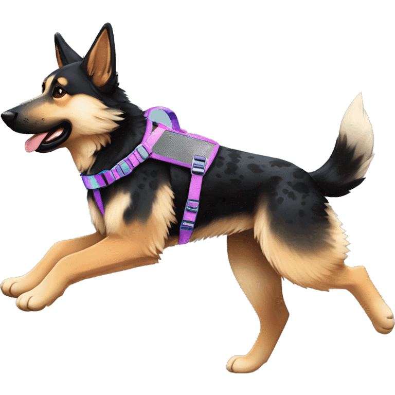  Black spotted brindle German shepherd husky fluffy ears and holographic harness running emoji