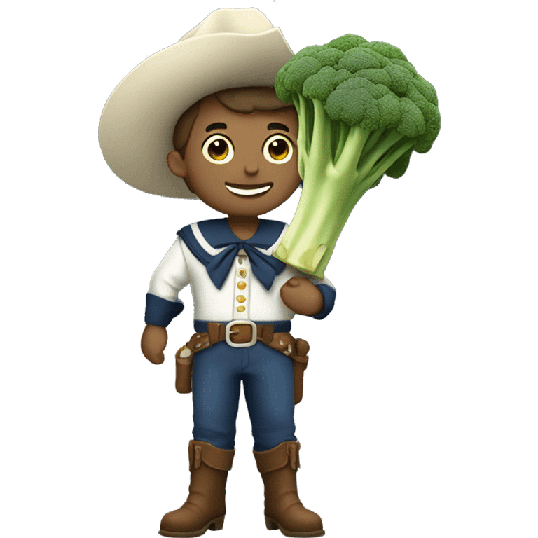 cowboy wearing a cute sailor suit holding broccoli to the full moon emoji