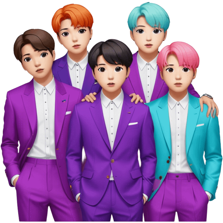 Cinematic Realistic group portrait of BTS featuring all 7 members in stylish modern attire, with detailed facial expressions and vibrant colors, captured in dynamic, contemporary lighting that emphasizes their global pop icon status emoji