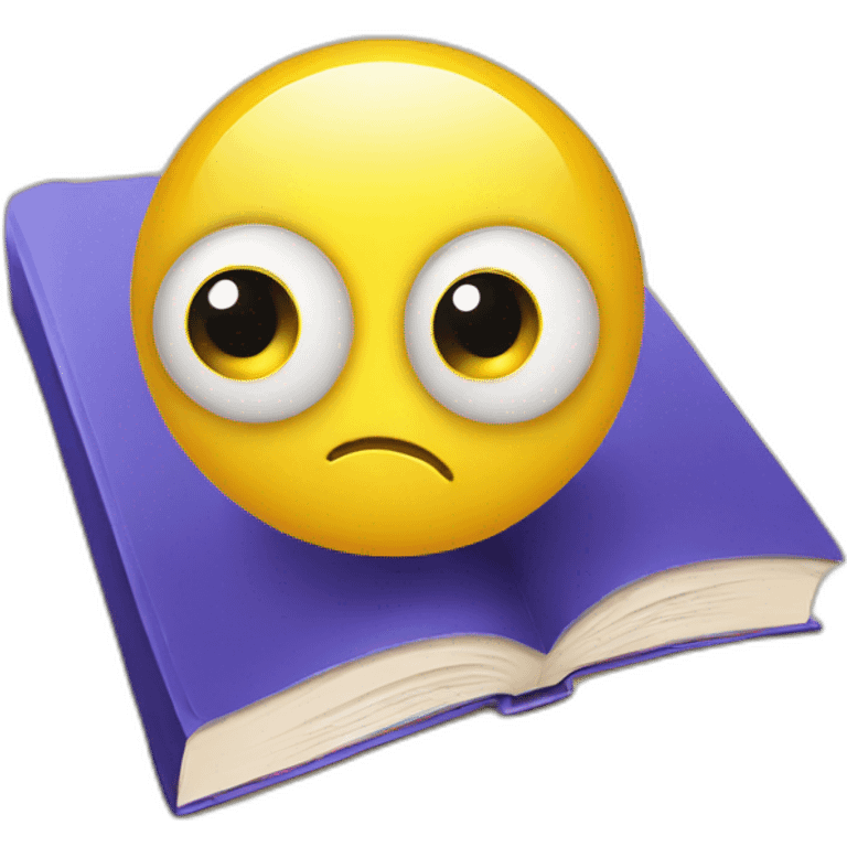 yellow glossy round emoji with big eyes holding book emoji