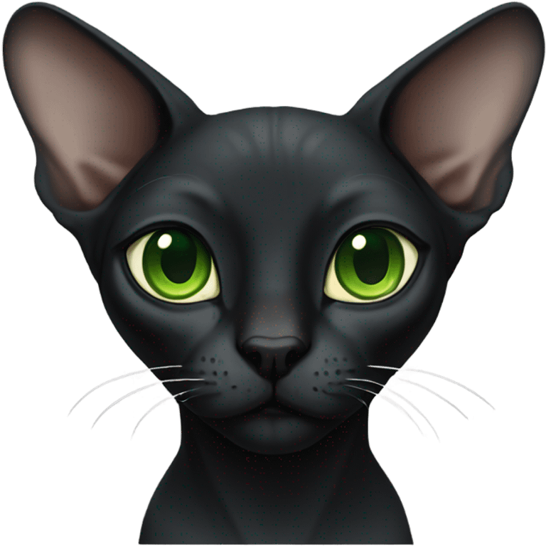 black sphinx cat with green eyes and a white spot on the mouth  emoji