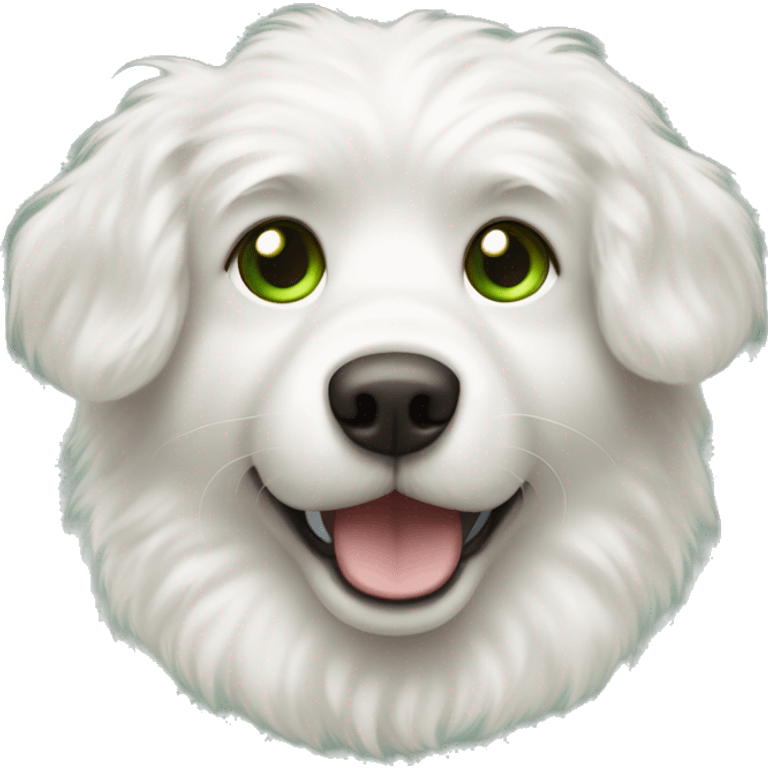 White fluffy dog, right brown ear, green eyes, spotted nose. emoji