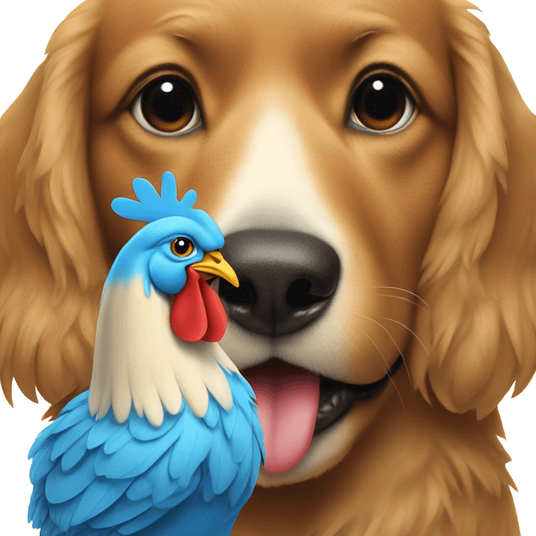 Dog kissing a chicken with blue feathers emoji