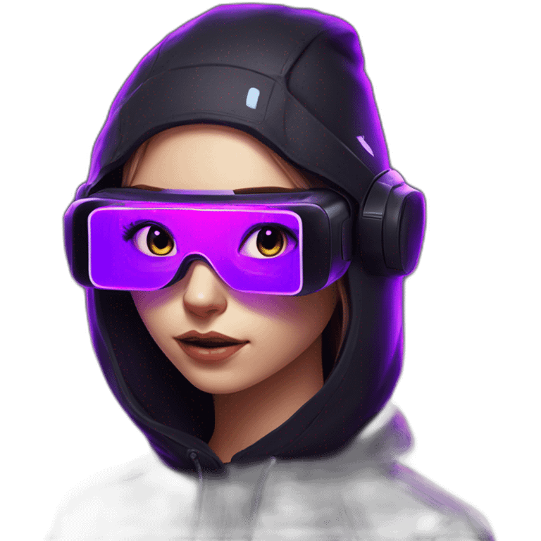 Russian girl wearing black hoody with violet letters "OMG", in vr headset. Cyberpunk style. Violet neon. emoji