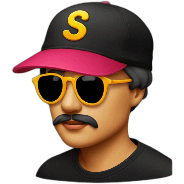 designer graphic with vintage hat has an S letter patched on the front, with cool black tshirt with colorful graphic emoji