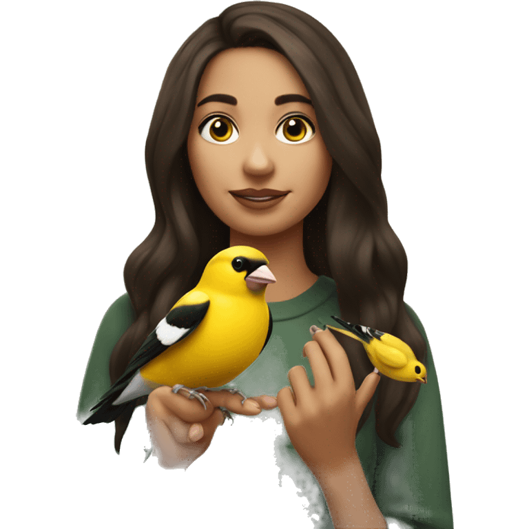 brunette girl with goldfinch perched on finger emoji