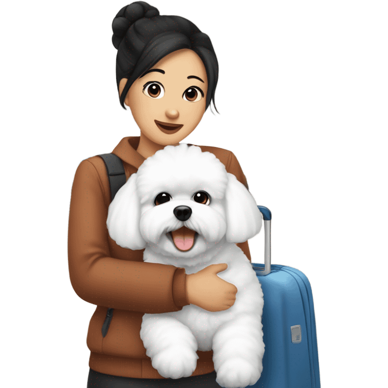 An Asian woman, with black hair in a bun, holding a cute and happy Bichon Frise at the airport  emoji