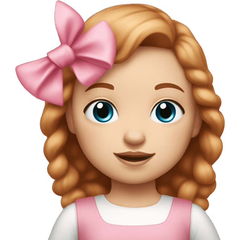 Little Girl with White skin, blue eyes. Light brown and red hair with pink bows.  She is wearing a pink and White dress, standing and holding on to a teddybear with a pink bows. emoji