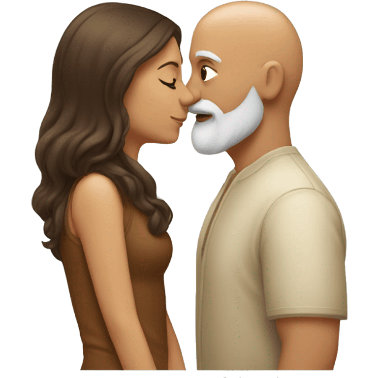 Bald bearded Indian man kissing brown haired white woman emoji